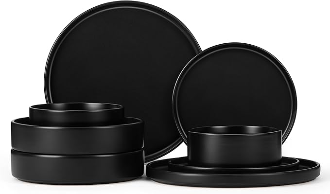 Herogo Dinnerware Sets with Pasta Bowls for 2 8 Piece Dinner Salad Plates and Cereal Bowls Stoneware Serving Dishes Dinner Ware for Home Kitchen Dishwasher &amp Microwave Safe Dishware Matte Blac