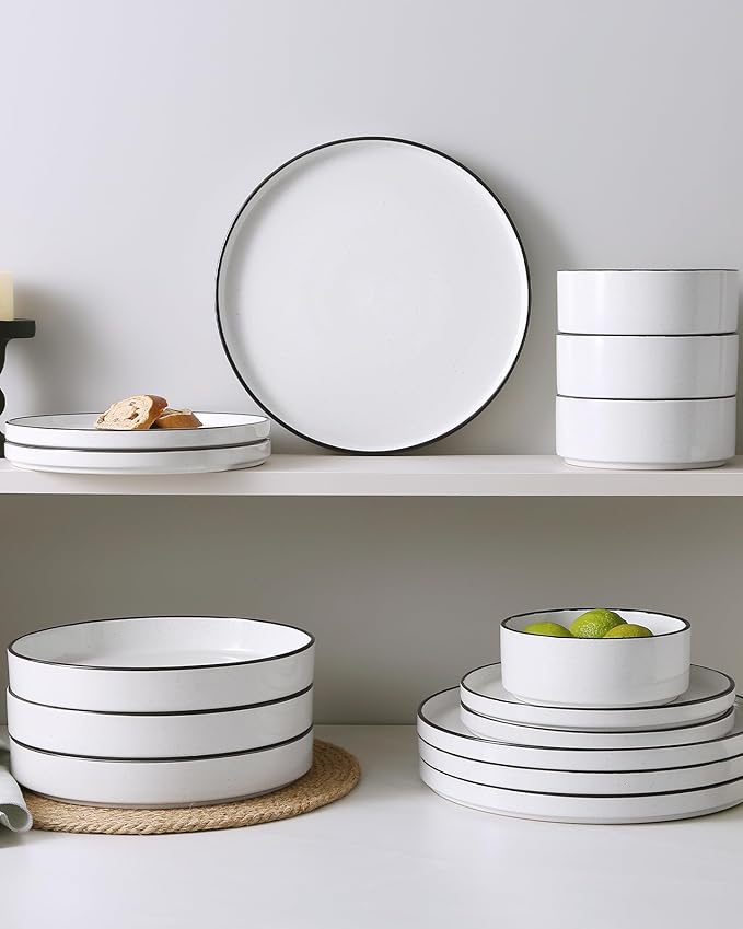 Famiware Nebula Plates and Bowls Sets 18 Pieces Dinnerware Sets Dishes Set for 6 White with Black Rim
