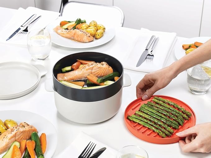 Joseph Joseph M-Cuisine Microwave 4-Piece Stackable Cooking Set 2 liter cooking pot steamer griddle and lid Orange/Beige