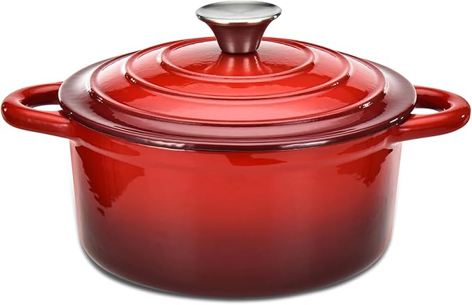 Hamilton Beach 3-Quart Enameled Cast Iron Dutch Oven with Lid | Heavy-Duty Pot for Braising Roasting &amp Baking | Red