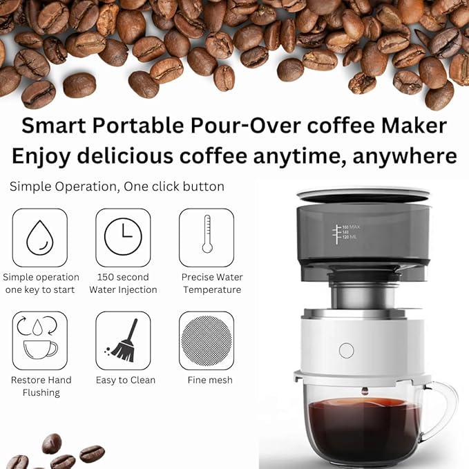 Generic BrewMatic-Smart Automatic Mini Portable Coffee Maker | Single Cup Pour Over Drip Coffee Machine with Filter for Travel Home Office and Kitchen Small