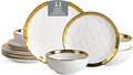 Vicrays 12-Piece Ceramic Dinnerware Set Dinner Plates Salad Plates &amp Cereal Bowls Dish Set for 4 Microwave Oven &amp Dishwasher Safe Scratch Resistant White with Golden