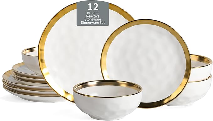 Vicrays 12-Piece Ceramic Dinnerware Set Dinner Plates Salad Plates &amp Cereal Bowls Dish Set for 4 Microwave Oven &amp Dishwasher Safe Scratch Resistant White with Golden