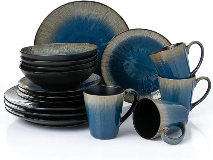 16-Piece Dinnerware Set Blue Gradient Pattern with Relief Design Service for 4 - Includes Dinner Plates Pasta Plates Salad Bowls and Mugs