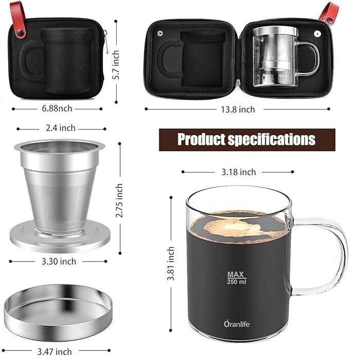 Pour Over Coffee Maker Set for Travel/Camping/Hiking Single Cup Stainless Steel Coffee Filter 14 Oz Borosilicate Glass Mug Extra Permanent Lid and Moulded Neoprene Case at Home/Office
