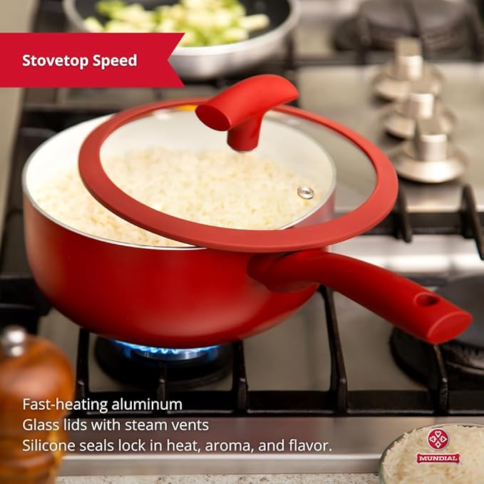 Pots and Pans Set Nonstick Ceramic – 9-Piece Non Stick Frying Pan and Cooking Pot Set – Red Aluminum Pans Ceramic Coating Glass Lids Silicone Handles – Kitchen Cookware Sets by Mundial
