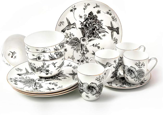 Botanic Plates and Bowls Sets Dishes Set for 4 Ceramic Plates and Bowls Set Service for 4 Bone China Dinnerware Set Salad Dessert Plates and Cereal Bowls Set Microwave safe by KOKEN
