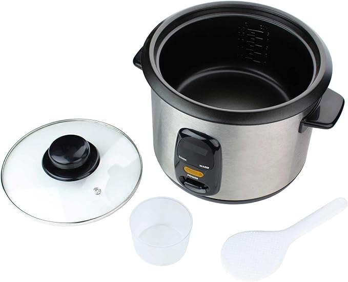 8-Cup &amp 5-Cup Rice Cooker and Steamer with Non-Stick Pot – One-Touch Electric Rice Maker with Auto-Warming Glass Lid &amp Measuring Cup – Silver and Black (8 Cups)