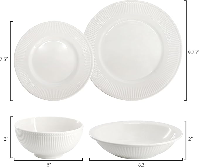 16-Piece Porcelain Dinnerware Set in White – Embossed Double Bowl Set with Textured Rim Microwave &amp Dishwasher Safe – Elegant White Dinnerware for 4
