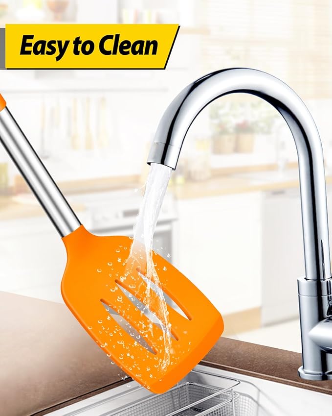 Pack of 4 Silicone Cooking Utensils Set Non Stick Large Solid Spatulas Heat Resistant Slotted Spoons Ideal BPA Free Kitchen Turners for Frying MixingServingDrainingTurningStirring (ORANGE)