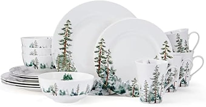 Mikasa Watercolor Forest Bone China Lightweight Chip Resistant 16 Piece Dinnerware Set Service for 4 White