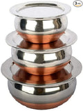 3 pcs Piece Handi Set with lid Cooking Serving Bowl Cookware Set of 3 Pieces with lid Size: 1.600 L 1.200 L 0.850 L (Copper)