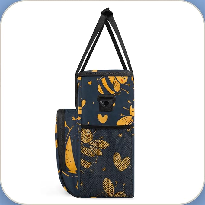 Bees Love Heart Coffee Maker Travel Bag for Keurig K-Mini/K-Mini Plus Insulated Waterproof Tote with Pockets for K-Cup Portable Single-Serve Brewer Case