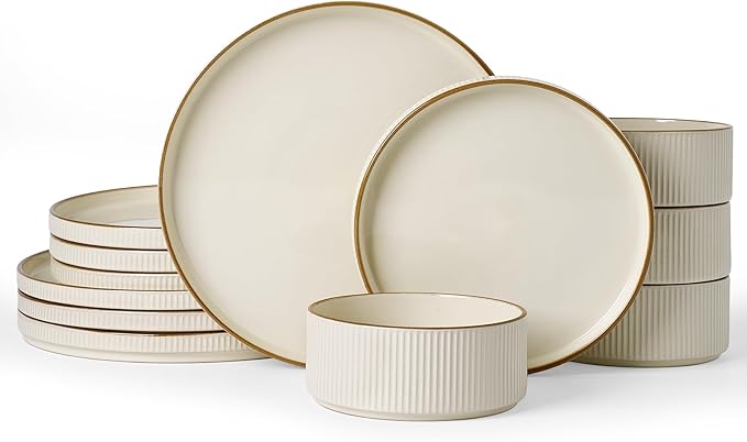 Famiware Star Dinnerware Set Plates and Bowls Sets for 4 (12pcs) Ribbed Stoneware Dishes with Trim - Chip &amp Scratch Resistant Microwave &amp Dishwasher Safe Cream
