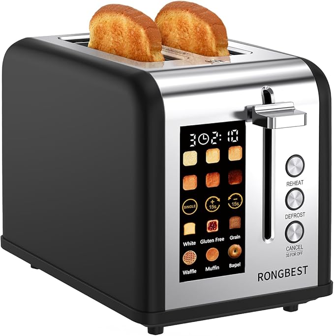 2 Slice Easy Touch Screen Toaster Stainless Steel Toaster with Wide Slots Even Toasting for Bagels &amp Bread Reheat &amp Defrost Removable Crumb Tray Matt Black