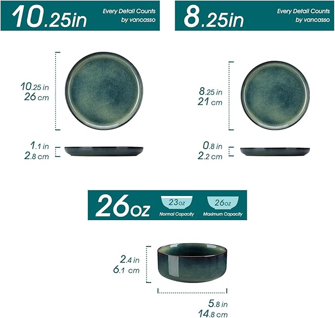 vancasso Starry 12 Pieces Dinnerware Sets for 4 Green Reactive Glaze Dishes Sets Ceramic Plates and Bowls Set Dinner Salad Dessert Plates and Cereal Bowls Set Dishwasher and Microwave Safe