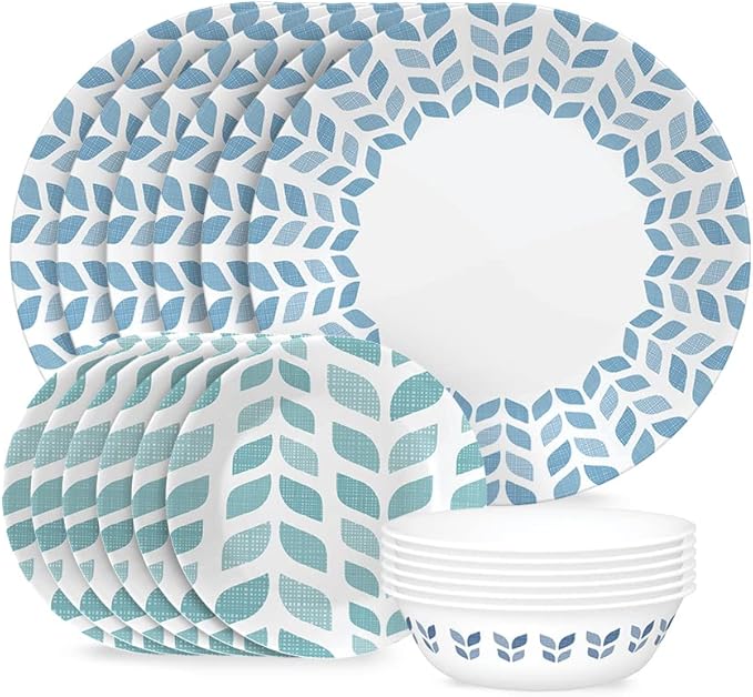 Corelle Global Collection Vitrelle 18-Piece Dinnerware Set Triple Layer Recycled Glass Lightweight Eco-Friendly Round Plates and Bowls Set Northern Pines