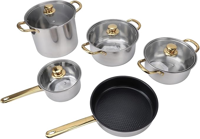 Stainless Steel Pots and Pans Set Ergonomic Golden Handle Multifunctional Cookware Set Kitchen Cooking Pots Glass Lids