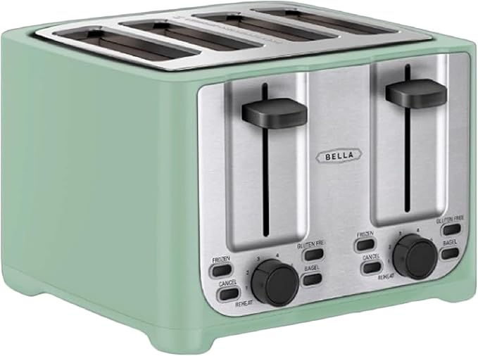 BELLA 4 Slice Toaster with Auto Shut Off - Extra Wide Slots &amp Removable Crumb Tray and Cancel Defrost &amp Reheat Function - Toast Bread &amp Bagel Sage