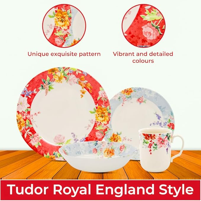 Tudor Royal 16-Piece Porcelain Round Dinnerware Set Service for 4 Crimson Design Summer Floral Plates Bowls Mugs Dishes Glossy Premium Quality Tableware Unique Pattern