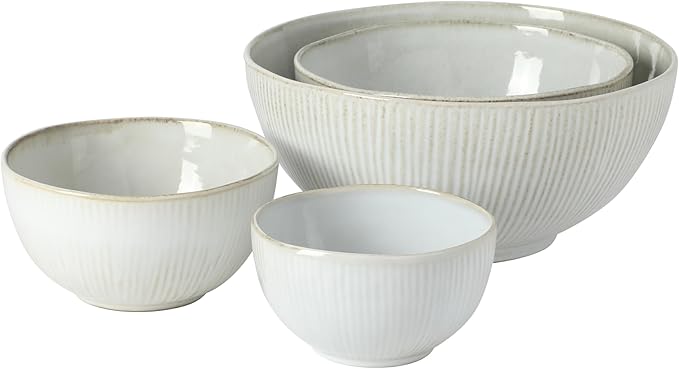 Gibson Elite Sandy Pines 4 Piece Nesting Bowl Set 4” 5.5” 7” &amp 9” Round Stoneware Bowls Reactive Glaze Finish Taupe Mixing Prep &amp Serving Bowls Microwave &amp Dishwasher Safe