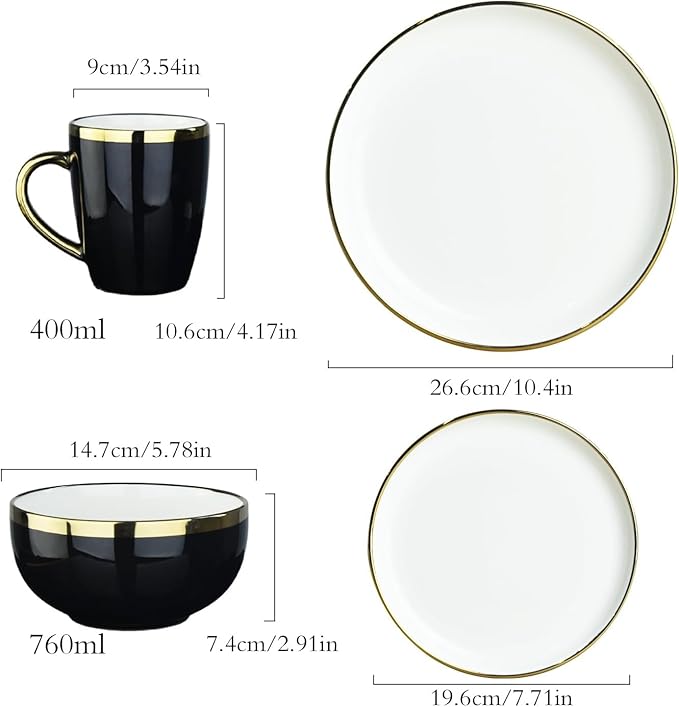 Black and Gold Ceramic Dinnerware Sets for 4 16-Piece Luxury Plates and Bowls Sets with Gold Rim Modern Dish Set for Wedding Christmas Anniversary Crack Resistant | Dishwasher Safe (Black)