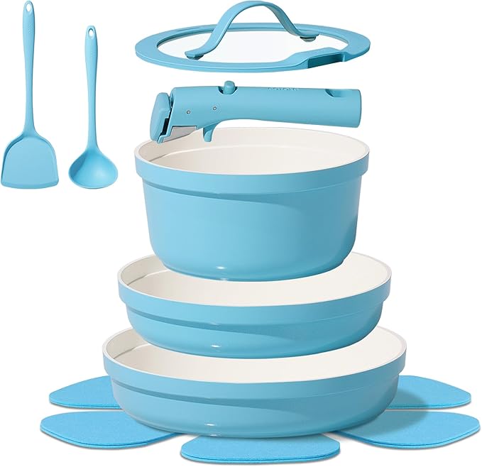 CAROTE 9pcs Pots and Pans SetCeramic Cookware Sets Non Stick with Detachable Handle Induction Kitchen Pots and PansRV Cooking Set Oven/Dishwasher/Fridge Safe Space Saving