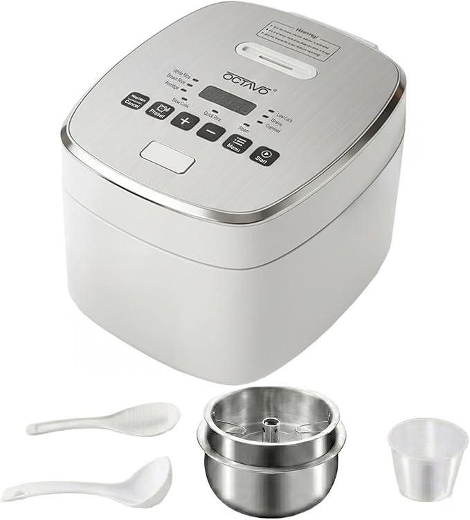 OCTAVO Low Carb Rice Cooker 5-Cup Uncooked Stainless Steel Inner Pot Low Sugar Rice Maker with 24H Timer and Auto Keep Warm Small Rice Maker LED Display White Rice/Brown Rice/Grains/Oatmeal Bead-