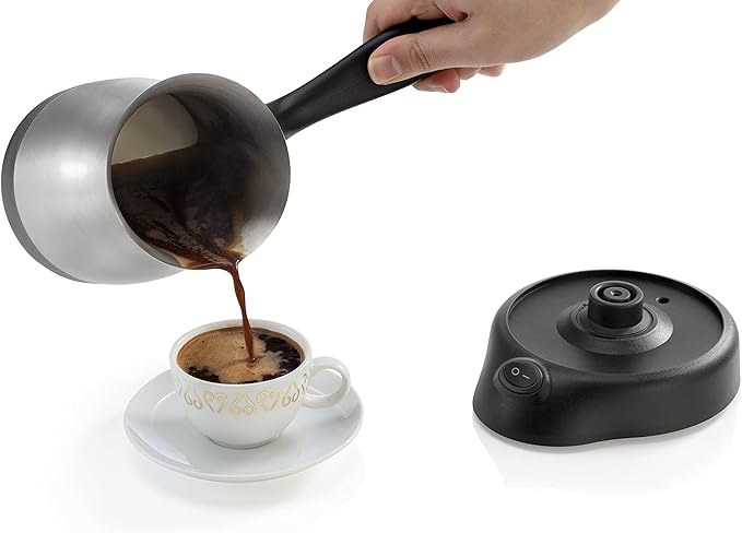Arzum Cezve Electric Turkish Coffee Maker Stainless Steel Boil-Dry Protection Lid for Extra Protection Cordless Use 1 to 4 cups 120V 3-pin US-plug 800W