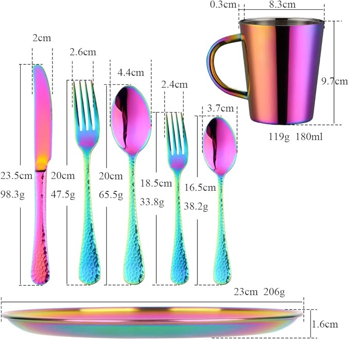 28-Piece Rainbow Dinnerware Set for 4 Stainless Steel Dinner Plate Set Service for 4 Silverware Set with Coffee Cups
