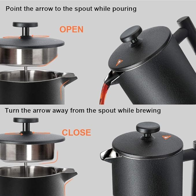 Secura French Press Coffee Maker 304 Grade Stainless Steel Insulated Coffee Press with 2 Extra Screens 34oz (1 Litre) Black
