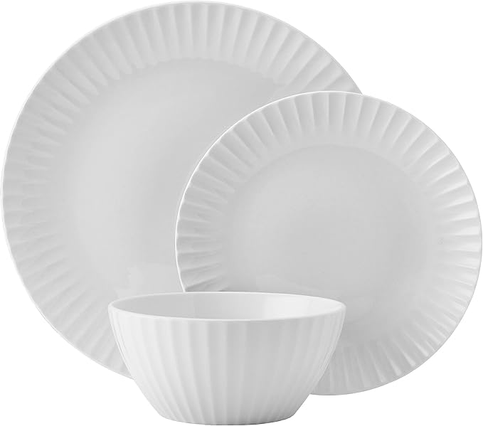 Pfaltzgraff Fluted Grace 24 Piece Porcelain Plate and Bowl Dinnerware Set Service for 8 Fluted Design Durable for Everyday Use White