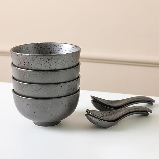 Stone + Lain Valencia Porcelain 8-Piece Round Bowl and Spoon Serving Set Metallic Grey