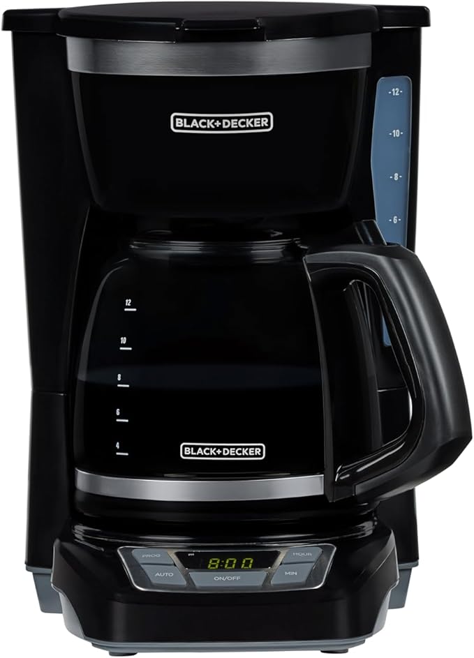 BLACK+DECKER 12-Cup Digital Coffee Maker Programmable Washable Basket Filter Sneak-A-Cup Auto Brew Water Window Keep Hot Plate Black