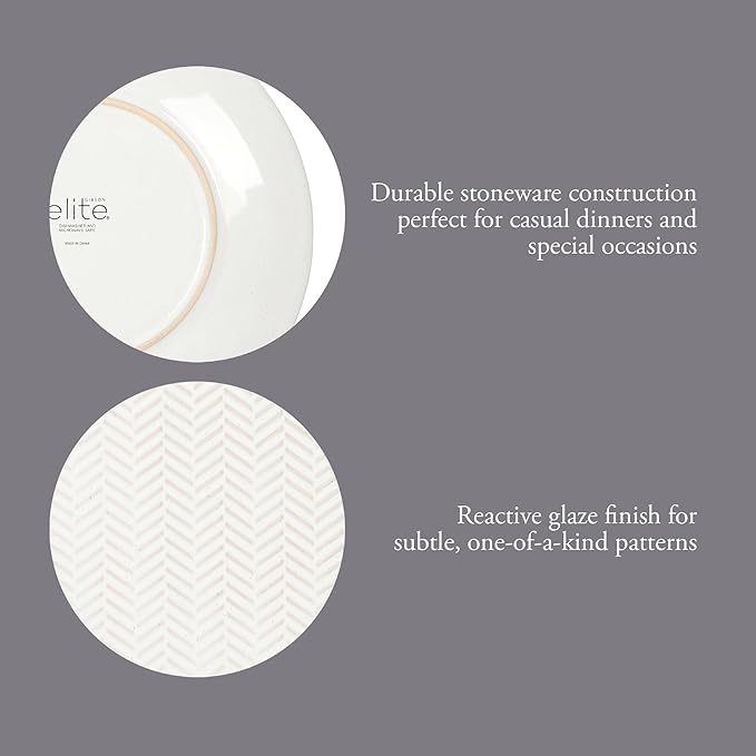 Gibson Elite Oyster Tide Embossed 12 Piece (Service for 4) Plates and Bowls Reactive Glaze Round Dishes Stoneware Ceramic Dinnerware Set White