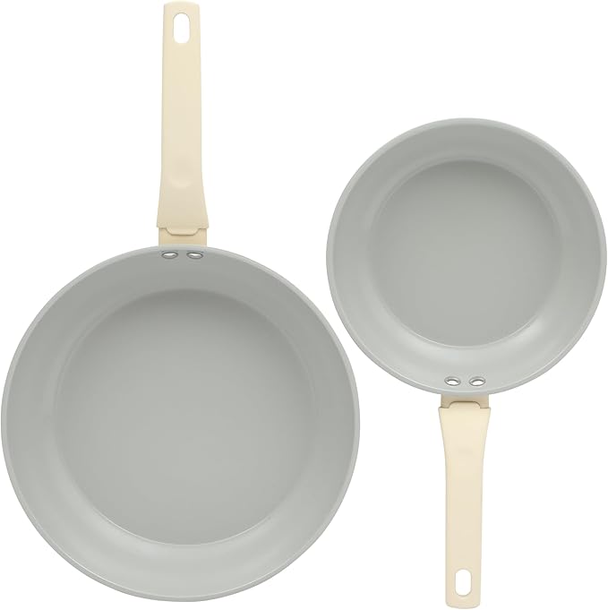 Gibson Home Barnsdall 2 Piece 8 &amp 10 Inch Aluminum Fry Pan Cookware Non-Toxic Ceramic Non Stick Frying Pan Kitchen Egg Pan Omelet Pan Always Pan Pots and Pans Linen White Induction Safe