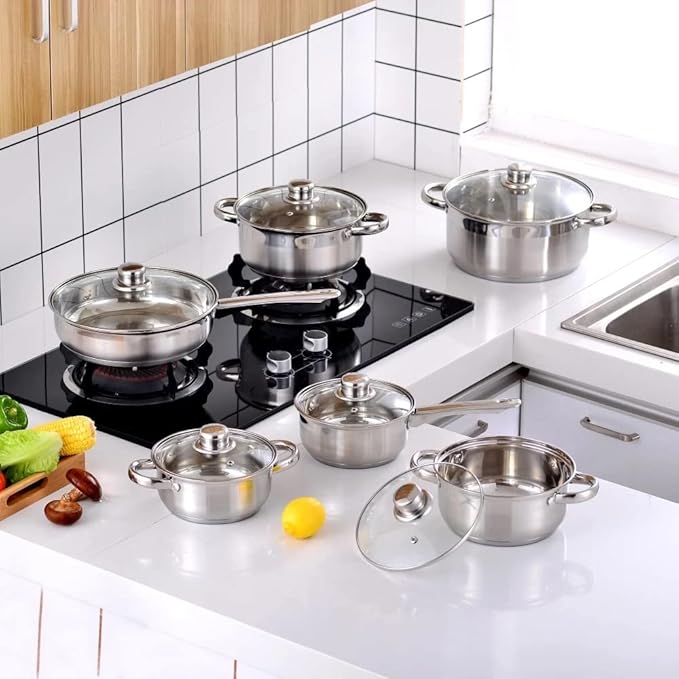 Cookware Set 12-Piece Kitchen Stainless Steel Cooking Pot &amp Pan SetsInduction SafeSaucepanCasserolepan with Glass Lid