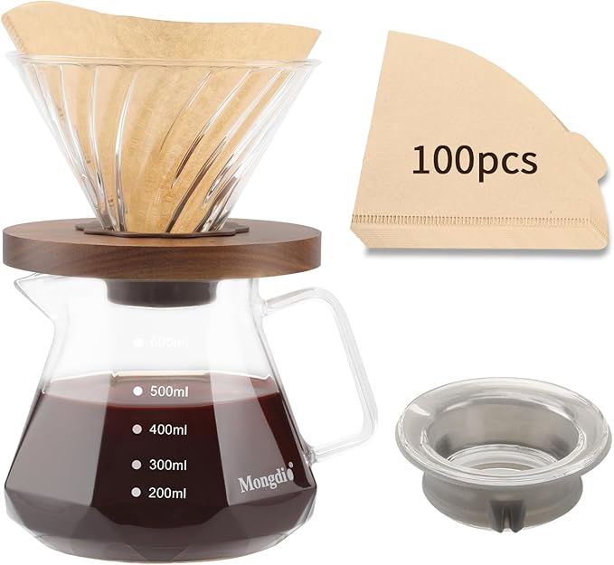 Mongdio Pour Over Coffee Maker 20 oz High-Heat Borosilicate Glass Coffee Maker with 100pcs Paper Filters 5 in 1 Drip Coffee Maker Set for Home Café Restaurant and Camping - 600ml Clear
