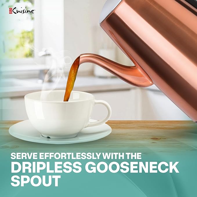 Euro Cuisine PER12 Stainless Steel Electric Coffee Percolator 12 Cup Polished Copper Finish Dripless Gooseneck Spout Clear Glass Knob Brewing Indication Keep-Warm Function Detachable Cord