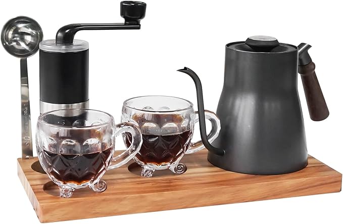 SOTECH Portable Coffee Maker Set Tea Set And Tray Manual Grinder Stainless Steel Scoop &amp 2 Glass Cups and Wooden Tray
