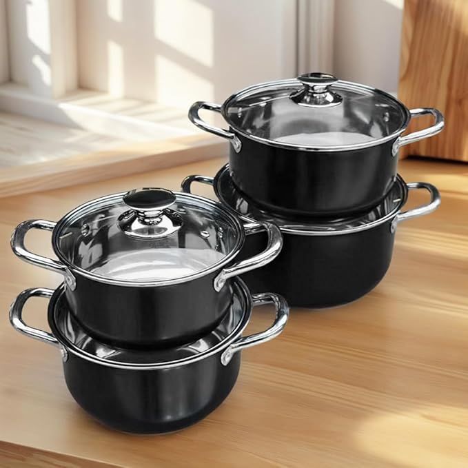 8Pcs Stainless Steel Cookware Set with Glass Lid Universal Cooking Pot Combination Anti-Scratch Soup Pot Set for Soup Cooking Stove