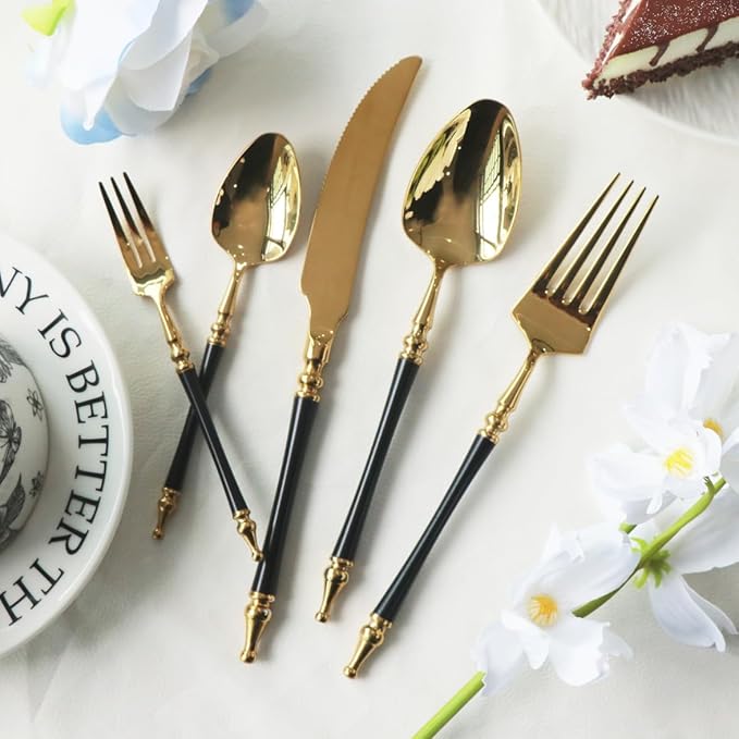 Black Gold Silverware Set for 12 Modern 60 Piece Flatware Cutlery Utensils Set Durable 18/10 Stainless Steel Include Knives Forks and Spoons Tableware Set for Home Kitchen Wedding Mirror Polished