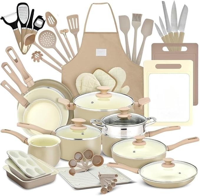 54-Piece Marble Non-Stick Cookware and Bakeware Set Professional Home Kitchen Collection with Multi-Sized Pots and Pans Set and Heat-Resistant Tools