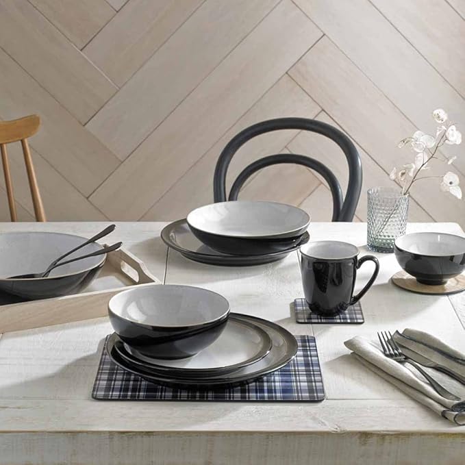 Denby Elements Black Dinnerware Set - 4/12 Piece Ceramic Tableware - Dishwasher &amp Microwave Safe - 4 Dinner Plates 4 Medium Plates 4 Cereal Bowls