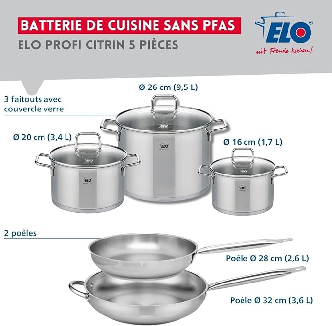ELO 9510150 Cookware Set 5 Pieces 2 Frying Pans 28 and 32 cm and 3 Saucepans 16 20 and 26 cm Elo Profi Citrine Stainless Steel Induction