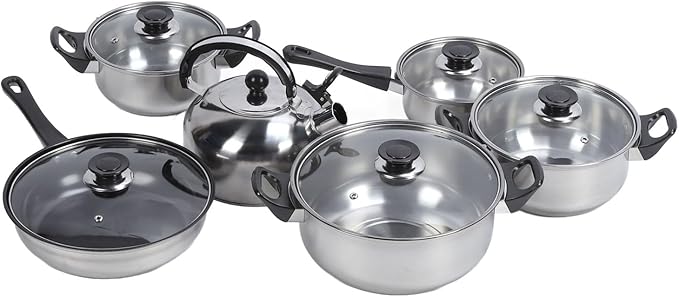 Stainless Steel Cookware Set with Plastic Black Handles Includes Saucepan Stock Pots Non Stick Frying Pan Tea Kettle Complete Kitchen Solution