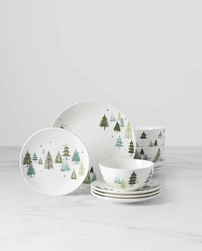 Lenox Dinnerware Balsam Lane 12-Piece Dinnerware Set Service For 4 Porcelain Dishwasher &amp Microwave Safe Plates &amp Bowls Sets Christmas Holiday Hosting Home and Kitchen (White/Green 12