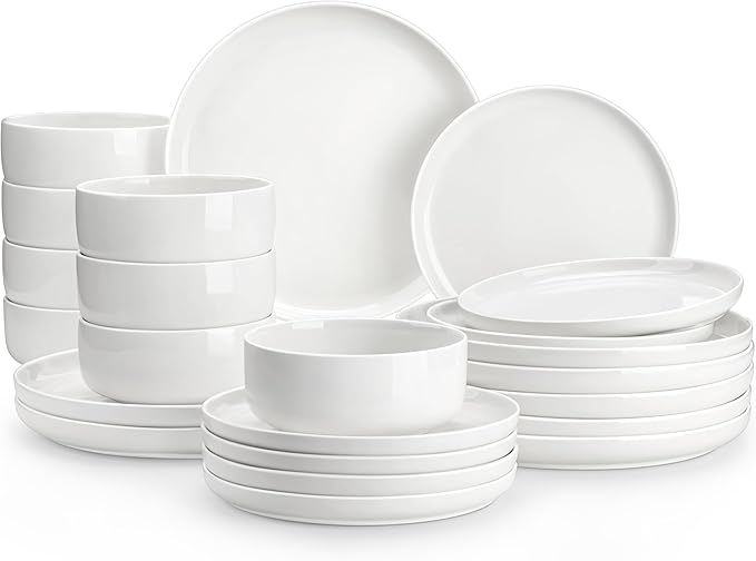 MALACASA Plates and Bowls Sets 24 Pieces Modern Porcelain Dinnerware Set for 8 Ceramic Dishware Dishes White Kitchen Dinner Dining Ware Set Microwave and Dishwasher Safe Series LUNA