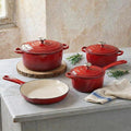 QuliMetal Nonstick Enameled Cast Iron Cookware Set 7-Pcs Pots and Pans with Lid Frying Pan Skillet Sauce Pan Healthy Round Dutch Oven Pot for Sourdough Bread Baking on All Stovetop Rouge Red