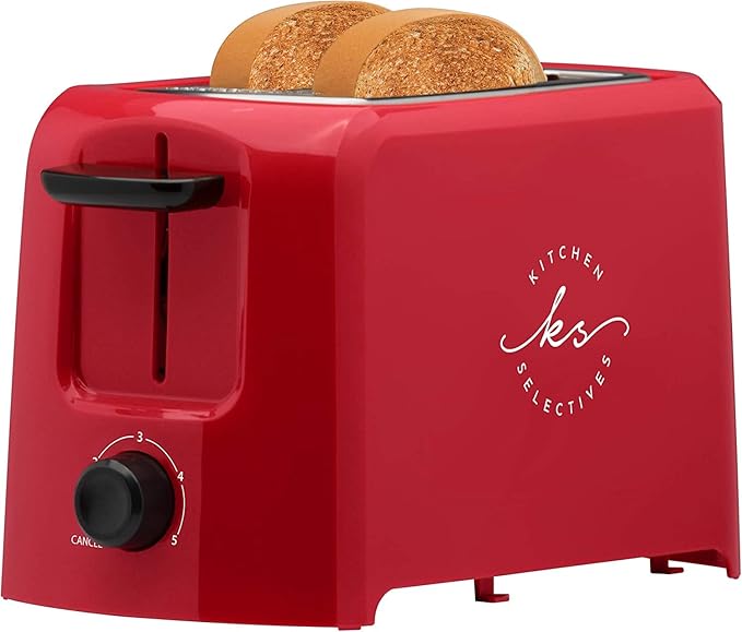 Kitchen Selectives 2-Slice Toaster By Select Brands - Premium Bread &amp Bagel Toaster - Features Browning Control &amp Wide Slots - Electric - with Cord Wrap - Red